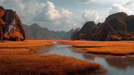 A photograph of a karst valley, red sand dunes, autumn, ultra realistic landscape photography, wide...