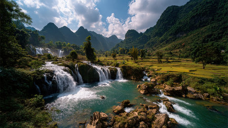 A photograph of VietNam 16 with ban gioc waterfall valley, tropical vines, vietnamese winter, ultra...