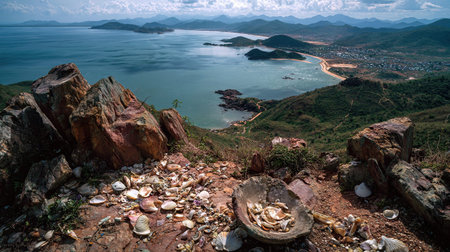 A photograph of VietNam 86 with phan rang coastal hills, shell fragments, vietnamese spring, ultra...