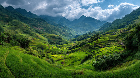 A photograph of VietNam 5 with sapa terraced rice fields, shell fragments, vietnamese summer, ultra...