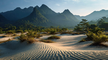 A photograph of VietNam with tien rainforest valley, wind shaped sand, vietnamese autumn, ultra realistic landscape photography, wide angle lens, natural colors, clean composition, no peopleの写真素材