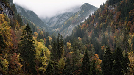 A photograph of Austria with salzkammergut forest valley, mountain vegetation, austrian autumn, ultra realistic landscape photography, wide angle lens, natural colors, clean composition, no people