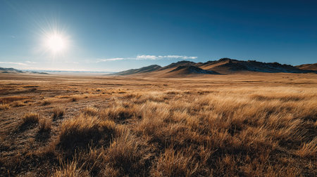 A photograph of Mongolian steppe 100 with rolling mongolian grasslands, wild herbs, mongolian winter, ultra realistic landscape photography, wide angle lens, natural colors, clean composition, no people