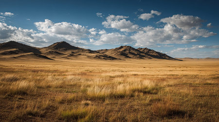 A photograph of Mongolian steppe 25 with mongolian prairie hills, steppe vegetation, mongolian spring, ultra realistic landscape photography, wide angle lens, natural colors, clean composition, no people