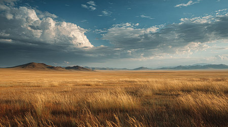A photograph of Mongolian steppe 130 with mongolian highland horizon, wild steppe grasses, mongolian summer, ultra realistic landscape photography, wide angle lens, natural colors, clean composition, no people