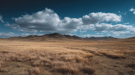 A photograph of Mongolian steppe 92 with mongolian highland steppe hills, dry meadow grasses, mongolian spring, ultra realistic landscape photography, wide angle lens, natural colors, clean composition, no people