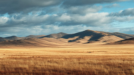 A photograph of Mongolian steppe 113 with mongolian plains horizon view, view of open grassland, mongolian autumn, ultra realistic landscape photography, wide angle lens, natural colors, clean composition, no people