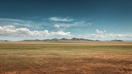 A photograph of Mongolian steppe 74 with open steppe horizon landscape, steppe soil, mongolian summer, ultra realistic landscape photography, wide angle lens, natural colors, clean composition, no people