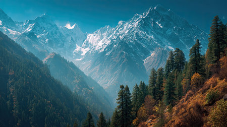 A photograph of Himalayan mountains 52 with towering himalayan peaks, himalayan pine trees, himalayan autumn, ultra realistic landscape photography, wide angle lens, natural colors, clean composition, no people