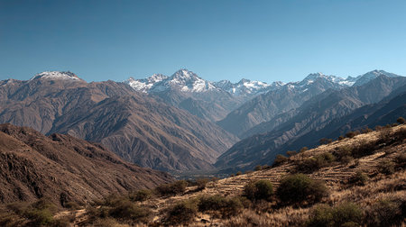 A photograph of Andes mountain range 184 with andes valley surrounded by peaks, highland scrub vegetation, andes mountain spring, ultra realistic landscape photography, wide angle lens, natural colors, clean composition, no people