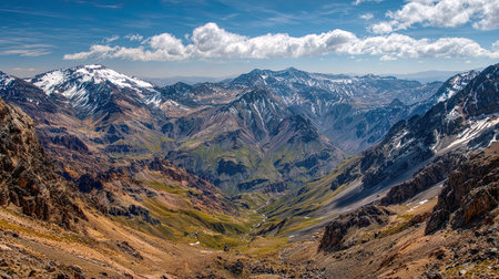 A photograph of Andes mountain range 362 with andes valley with distant glaciers, rocky alpine terrain, andes mountain spring, ultra realistic landscape photography, wide angle lens, natural colors, clean composition, no people
