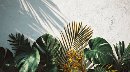 tropical leaves arrangement, natural arrangement, lifestyle branding, calm wellness, pastel green, diffused daylight,depth perspective, no text, copy space, commercial stock photo