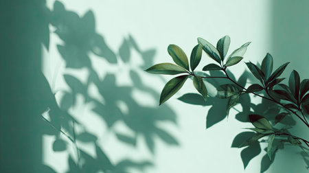 botanical shadow pattern, soft contrast, marketing visual, eco minimal, pastel green, bright clean light,symmetrical layout, no text, copy space, commercial stock photo