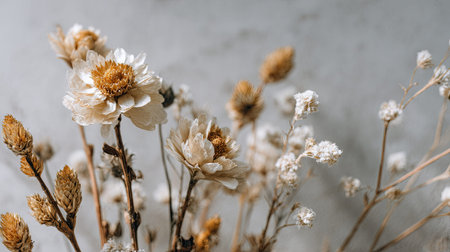 dried flowers aesthetic, neutral background, lifestyle blog, Scandinavian natural, green natural, diffused daylight,off center, no text, copy space, commercial stock photo
