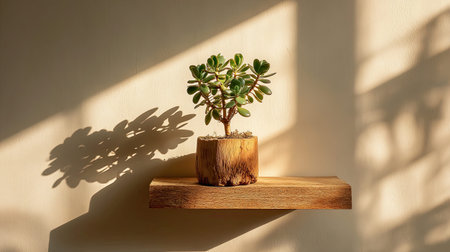 Full realistic photo of a Jade Plant in a Natural wood planter pot, placed on a floating wall shelf, Boho chic interior style, Harsh sunlight with sharp shadows casting shadows on the wall, minimalist aesthetic, copy space for text, high-end interior photography, shot on 35mm lens, f/2.8