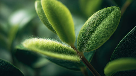 Realistic macro close up of textured leaf surface, from ZZ Plant, with soft fuzzy hairs on stem, focus on unique texture and vibrant green color, shallow depth of field, bright airy daylight, sharp focus on details, natural nature photography style