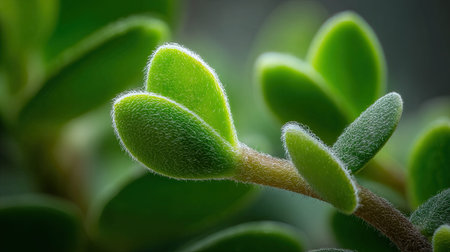 Realistic macro macro of new leaf unfurling, from Jade Plant, with soft fuzzy hairs on stem, focus on unique texture and vibrant green color, shallow depth of field, soft backlight through leaves, sharp focus on details, natural nature photography style