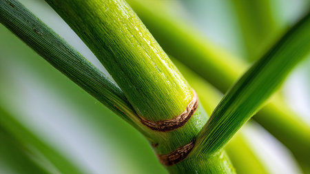 Realistic macro macro of plant stem and nodes, from Areca Palm, displaying a gradient of greens, focus on unique texture and vibrant green color, shallow depth of field, clean neutral light, sharp focus on details, natural nature photography style