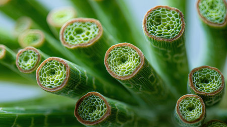 Realistic macro macro of plant stem and nodes, from Yucca Cane, creating a natural fractal pattern, focus on unique texture and vibrant green color, shallow depth of field, clean neutral light, sharp focus on details, natural nature photography style