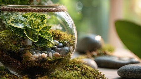 Full realistic photo 18 of a open glass bowl terrarium, showcasing a vibrant miniature ecosystem with variegated fittonia and moss and polished river stones and twine, placed on a floating wall shelf, Bright airy daylight, ample copy space for text, close-up with shallow depth of field, sharp focus on details, enchanting and magical atmosphere