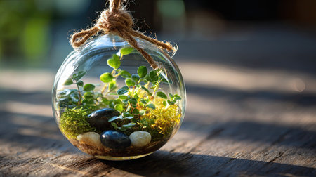Full realistic photo 12 of a hanging glass orb terrarium, showcasing a vibrant miniature ecosystem with tiny fittonia and button fern and polished river stones and twine, placed on a dark walnut desk, Harsh sunlight with sharp shadows, ample copy space for text, close-up with shallow depth of field, sharp focus on details, enchanting and magical atmosphere