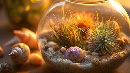 Full realistic photo 63 of a delicate botanical terrarium terrarium, showcasing a vibrant miniature ecosystem with assorted air plants and sphagnum moss and intricate shells and fine gravel, placed on a cozy corner, Golden hour glow, ample copy space for text, close-up with shallow depth of field, sharp focus on details, enchanting and magical atmosphere