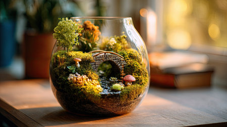 Full realistic photo 71 of a moss terrarium terrarium, showcasing a vibrant miniature ecosystem with mixed succulents and cushion moss and small bridge and decorative elements, placed on a minimalist bedside table, Moody cinematic light, ample copy space for text, close-up with shallow depth of field, sharp focus on details, enchanting and magical atmosphere