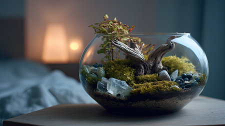 Full realistic photo 89 of a open glass bowl terrarium, showcasing a vibrant miniature ecosystem with small philodendron and driftwood and quartz crystals and dried moss, placed on a minimalist bedside table, Golden hour glow, ample copy space for text, close-up with shallow depth of field, sharp focus on details, enchanting and magical atmosphere