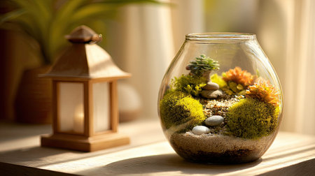 Full realistic photo 91 of a moss terrarium terrarium, showcasing a vibrant miniature ecosystem with mixed succulents and cushion moss and tiny lantern and decorative stones, placed on a minimalist bedside table, Harsh sunlight with sharp shadows, ample copy space for text, close-up with shallow depth of field, sharp focus on details, enchanting and magical atmosphere