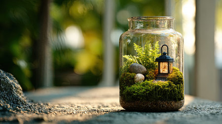 Full realistic photo 96 of a moss terrarium terrarium, showcasing a vibrant miniature ecosystem with baby rubber plant and sheet moss and tiny lantern and decorative stones, placed on a concrete balcony floor, Dappled sunlight, ample copy space for text, close-up with shallow depth of field, sharp focus on details, enchanting and magical atmosphere
