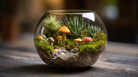 Full realistic photo 33 of a moss terrarium terrarium, showcasing a vibrant miniature ecosystem with assorted air plants and sphagnum moss and tiny ceramic mushrooms and sand, placed on a glass coffee table, Natural studio lighting, ample copy space for text, close-up with shallow depth of field, sharp focus on details, enchanting and magical atmosphere