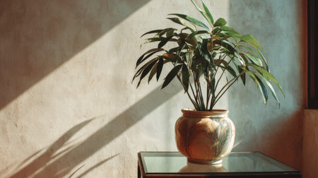 Full realistic photo of a Schefflera Arboricola plant in a hand painted porcelain pot, placed on a glass coffee table, industrial loft style, soft window light casting shadows on the wall, minimalist aesthetic, copy space for text, high-end interior photography, shot on 35mm lens, f/2.8