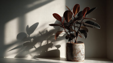 Full realistic photo of a Rubber Tree Burgundy in a Hand painted porcelain pot, placed on a sun drenched windowsill, Scandi minimalism style, Dappled sunlight casting shadows on the wall, minimalist aesthetic, copy space for text, high-end interior photography, shot on 35mm lens, f/2.8