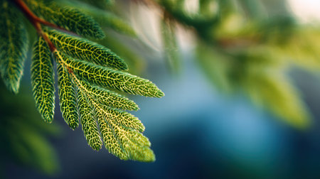 Realistic macro extreme close up of leaf veins, from cedar tree needle, displaying a gradient of greens, focus on unique texture and vibrant green color, shallow depth of field, warm backlighting, sharp focus on details, natural nature photography style