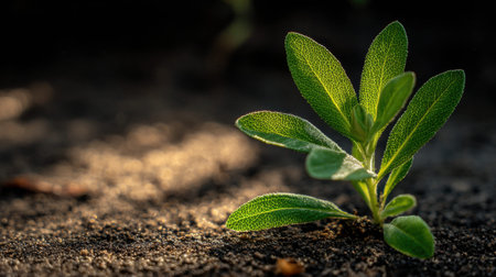 Realistic macro macro of plant sapling, from sage leaf texture, with natural dust particles, focus on unique texture and vibrant green color, shallow depth of field, dappled light creating complex shadows, sharp focus on details, natural nature photography style