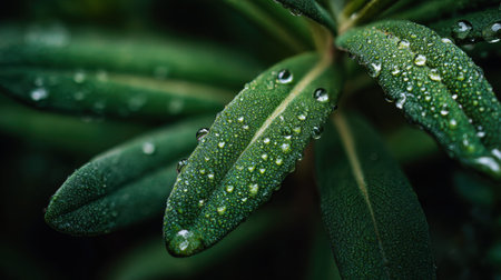 Realistic macro close up of textured leaf surface, from rosemary sprig, glistening with fresh rain drops, focus on unique texture and vibrant green color, shallow depth of field, dappled light creating complex shadows, sharp focus on details, natural nature photography style