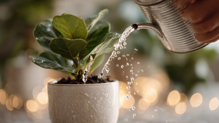 Full realistic lifestyle photography of hand pouring water from a can, Fiddle Leaf Fig in a white ceramic pot, with water droplets hitting the soil, flickering firelight glow in a cozy room, aesthetic plant care vibe, clean composition, soft bokeh background, macro details on skin texture and leaves, shot on 35mm lens, f/2.8, organic and authentic look, no face