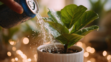 Full realistic lifestyle photography 3 of hand pouring water from a can, Fiddle Leaf Fig in a white ceramic pot, with water droplets hitting the soil, flickering firelight glow in a cozy room, aesthetic plant care vibe, clean composition, soft bokeh background, macro details on skin texture and leaves, shot on 35mm lens, f/2.8, organic and authentic look, no face, distorted fingers, extra digits, messy, dirty, blurry hands