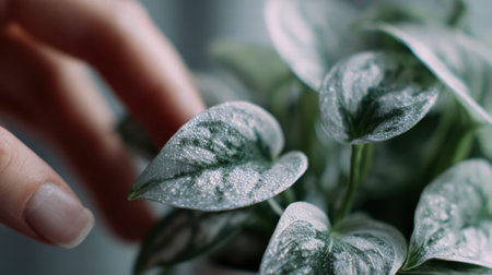 Full realistic lifestyle photography of fingers stroking a silver leaf, Satin Pothos in a white hanging pot, showing the shimmering leaf surface, soft diffused light on an overcast day, aesthetic plant care vibe, clean composition, soft bokeh background, macro details on skin texture and leaves, shot on 35mm lens, f/2.8, organic and authentic look, no face