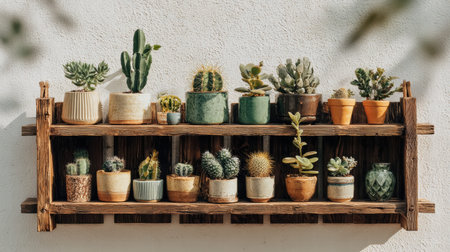 Full realistic professional flatlay photography 110 of wooden hanging plant shelf unit, a collection of mini desert cacti, bright sunny wall background, shimmering light reflecting from glass surfaces, botanical garden aesthetic, organized composition, slow living vibe, macro details on textures of metal and wood, shot on 35mm lens, f/5.6, high-end lifestyle quality, clean and authentic look, no person, human, hands, face, messy, dirty