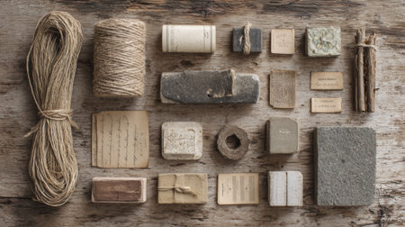 Full realistic professional flatlay photography 105 of set of vintage porcelain plant labels, a small bundle of natural raffia, light aged wood background, soft overcast light for natural texture colors, botanical garden aesthetic, organized composition, slow living vibe, macro details on textures of metal and wood, shot on 35mm lens, f/5.6, high-end lifestyle quality, clean and authentic look, no person, human, hands, face, messy, dirty