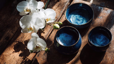 Full realistic professional flatlay photography 144 of set of deep blue glazed pots, a white flowering phalaenopsis orchid, polished teak wood surface, dramatic window light with deep soft shadows, botanical garden aesthetic, organized composition, slow living vibe, macro details on textures of metal and wood, shot on 35mm lens, f/5.6, high-end lifestyle quality, clean and authentic look, no person, human, hands, face, messy, dirty