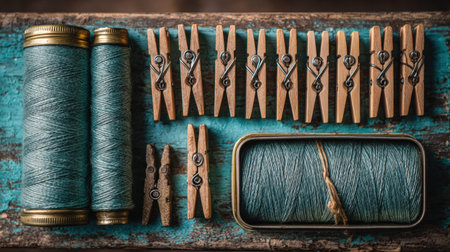 Full realistic professional flatlay photography 130 of tin box of green garden twine, a set of vintage wooden clothespins, weathered turquoise garden table, dramatic window light with deep soft shadows, botanical garden aesthetic, organized composition, slow living vibe, macro details on textures of metal and wood, shot on 35mm lens, f/5.6, high-end lifestyle quality, clean and authentic look, no person, human, hands, face, messy, dirty