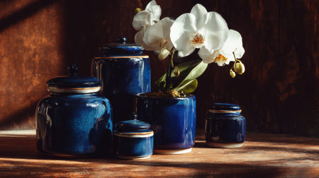 Full realistic professional flatlay photography 144 of set of deep blue glazed pots, a white flowering phalaenopsis orchid, polished teak wood surface, dramatic window light with deep soft shadows, botanical garden aesthetic, organized composition, slow living vibe, macro details on textures of metal and wood, shot on 35mm lens, f/5.6, high-end lifestyle quality, clean and authentic look, no person, human, hands, face, messy, dirty