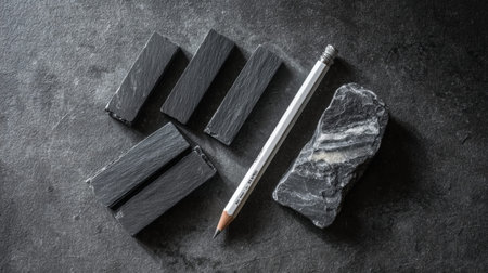 Full realistic professional flatlay photography of set of black slate plant labels, a white grease pencil, dark grey stone surface, soft overcast light for natural texture colors, botanical garden aesthetic, organized composition, slow living vibe, macro details on textures of metal and wood, shot on 35mm lens, f/5.6, high-end lifestyle quality, clean and authentic look, no person, human, hands, face, messy, dirty
