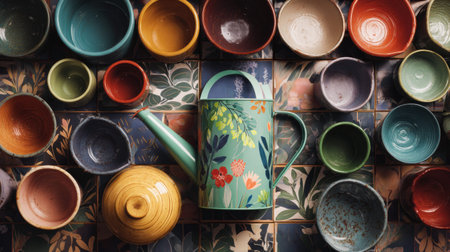 Full realistic professional flatlay photography 30 of set of colorful ceramic planters, a watering can with floral pattern, bright sunny patio tiles, shimmering light reflecting from glass surfaces, botanical garden aesthetic, organized composition, slow living vibe, macro details on textures of metal and wood, shot on 35mm lens, f/5.6, high-end lifestyle quality, clean and authentic look, no person, human, hands, face, messy, dirty