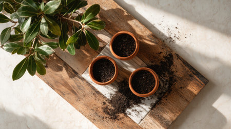 Full realistic professional flatlay photography 2 of set of three small terracotta pots, a small pile of dark potting soil, minimalist white marble slab, low angle warm light highlighting wood grain, botanical garden aesthetic, organized composition, slow living vibe, macro details on textures of metal and wood, shot on 35mm lens, f/5.6, high-end lifestyle quality, clean and authentic look, no person, human, hands, face, messy, dirty