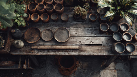 Full realistic professional flatlay photography 43 of wooden potting bench setup, a scatter of empty clay pots, weathered workbench surface, shimmering light reflecting from glass surfaces, botanical garden aesthetic, organized composition, slow living vibe, macro details on textures of metal and wood, shot on 35mm lens, f/5.6, high-end lifestyle quality, clean and authentic look, no person, human, hands, face, messy, dirty