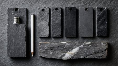 Full realistic professional flatlay photography 74 of set of black slate plant labels, a white grease pencil, dark grey stone surface, soft overcast light for natural texture colors, botanical garden aesthetic, organized composition, slow living vibe, macro details on textures of metal and wood, shot on 35mm lens, f/5.6, high-end lifestyle quality, clean and authentic look, no person, human, hands, face, messy, dirty