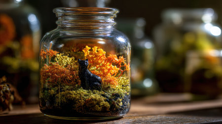 Full realistic professional photography 119 of a glass pumpkin jar, containing a autumn leaves and orange moss, decorated with a tiny black cat figurine, dramatic backlighting highlighting glass edges, botanical terrarium aesthetic, macro details on moss and glass reflections, soft bokeh background, high-end lifestyle quality, clean and authentic look, shot on 100mm macro lens, f/2.8, no person, human, hands, face, messy, dirty
